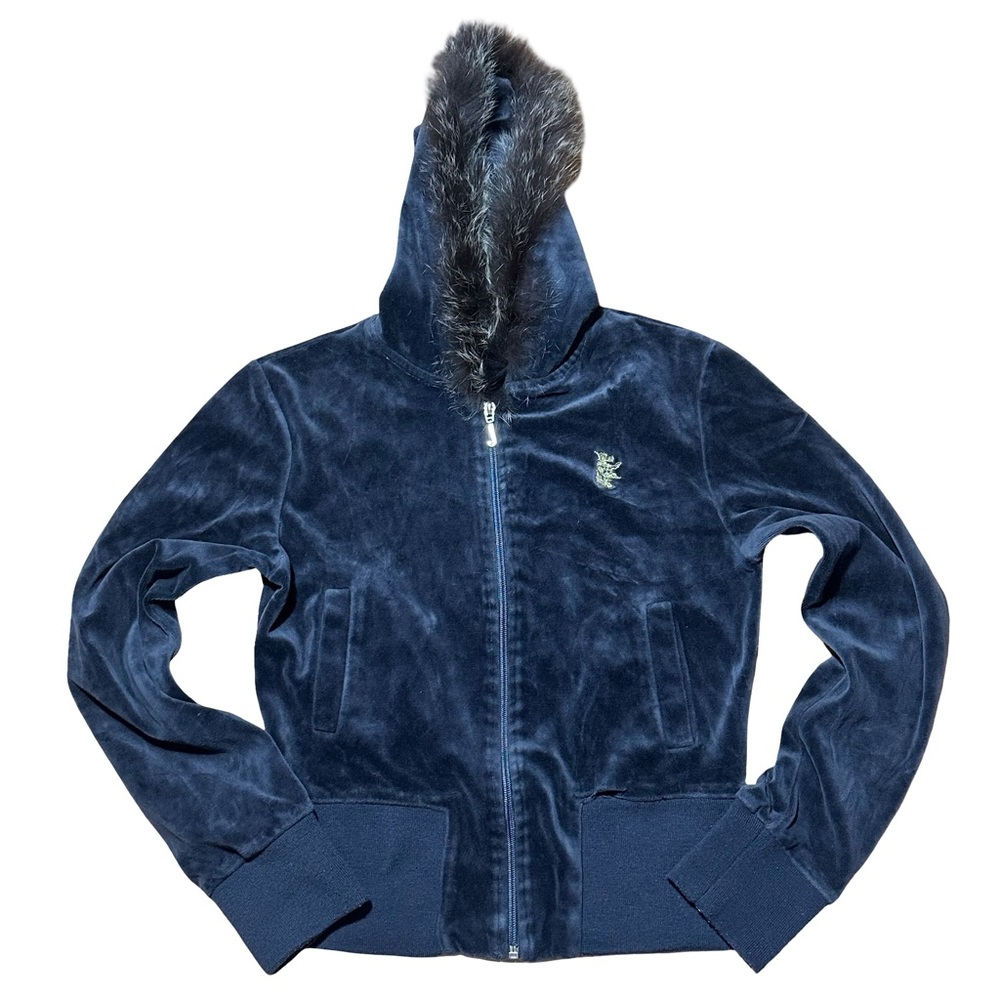 Y2K Vintage Juicy Couture Velour Hoodie Jacket Fur Trim Crest L (Fits S/M) - Picture 2 of 11
